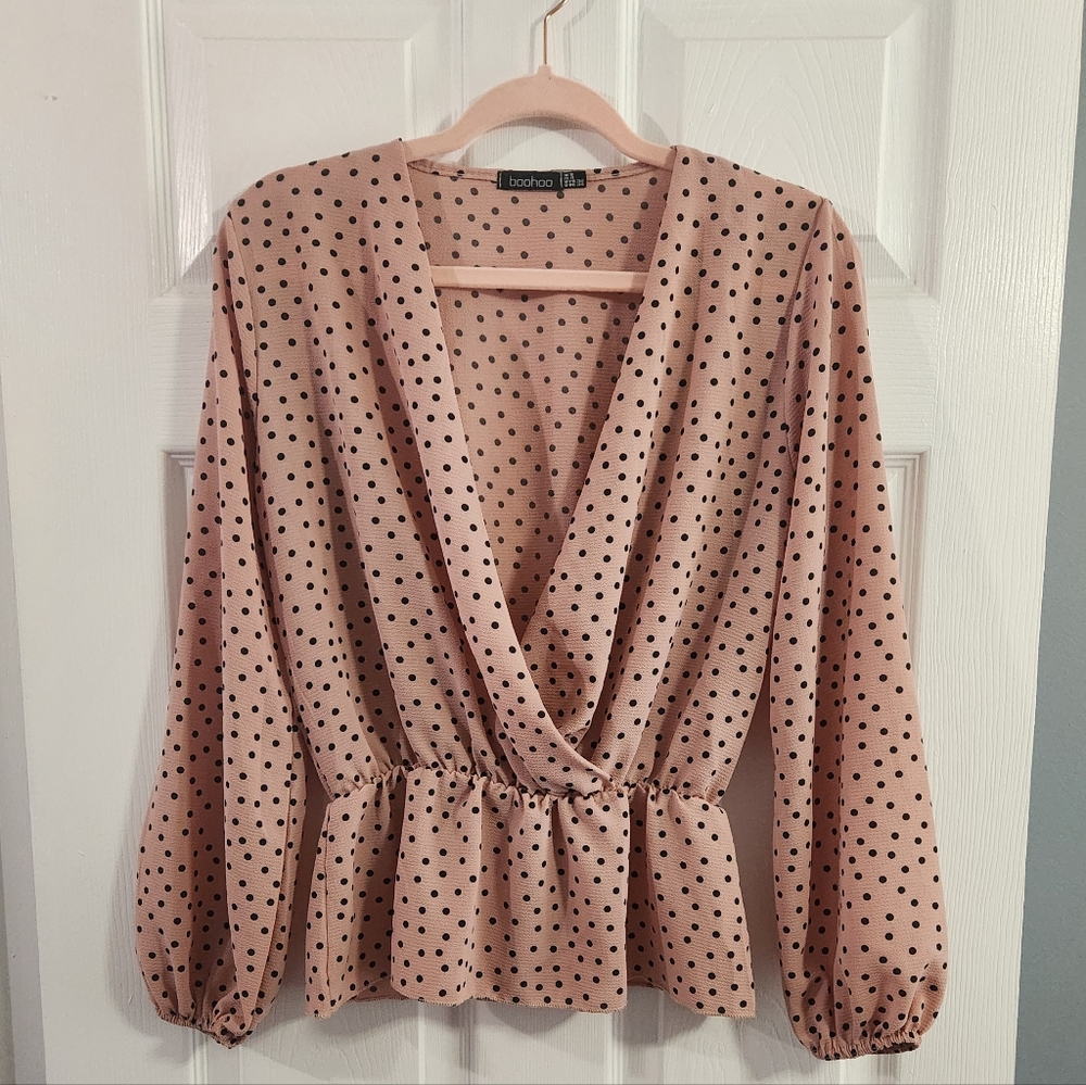 Boohoo Blush Pink Polka Dot Wrap Peplum Blouse